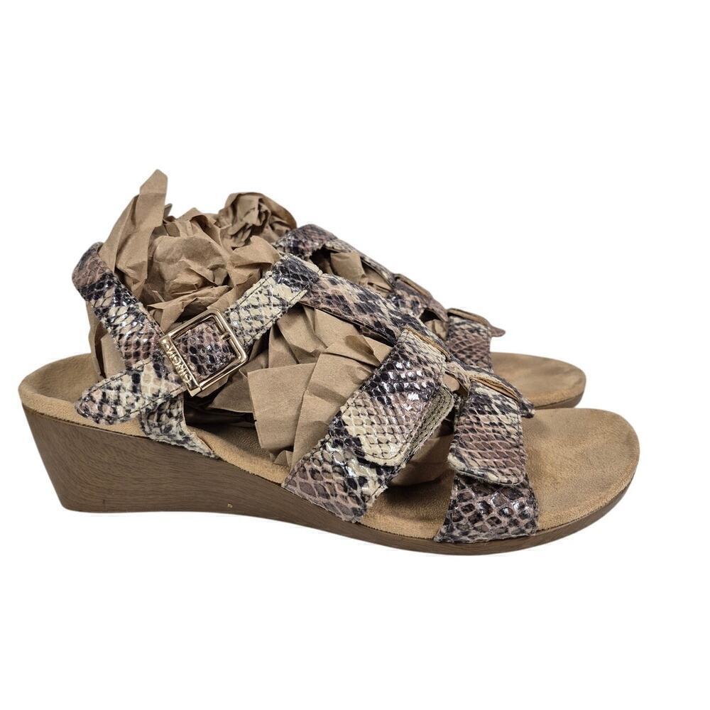 Vionic Glenda Wood Wedge Pink Tan Snakeskin Sandals Adjustable Closure Sz 9